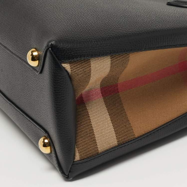 Pre Owned Burberry Banner Small Black/Beige House Check Fabric and Leather Tote