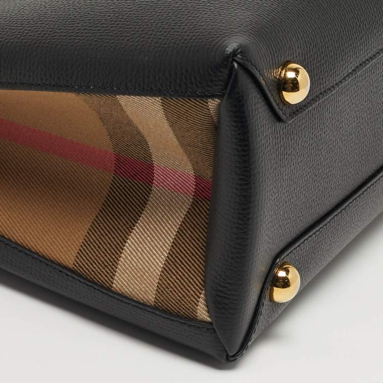 Pre Owned Burberry Banner Small Black/Beige House Check Fabric and Leather Tote