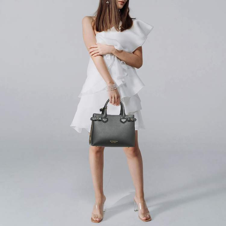 Pre Owned Burberry Banner Small Black/Beige House Check Fabric and Leather Tote