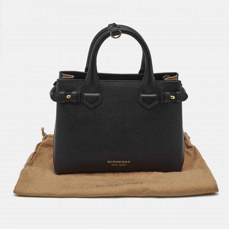 Pre Owned Burberry Banner Small Black/Beige House Check Fabric and Leather Tote