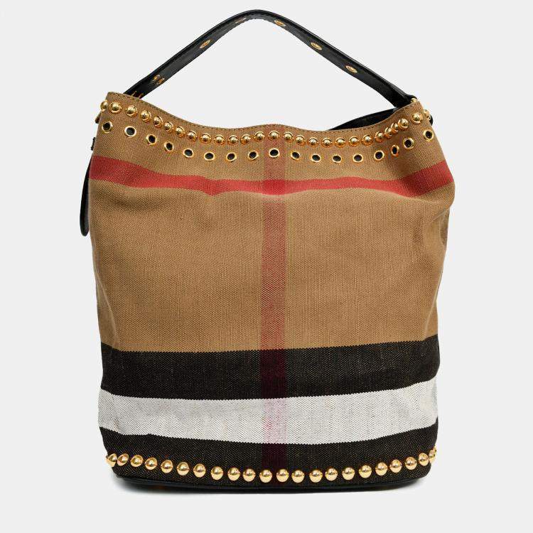 مملوكة مسبقًا Burberry Brown/Black Linen/Leather Novacheck Studded Hobo Bag