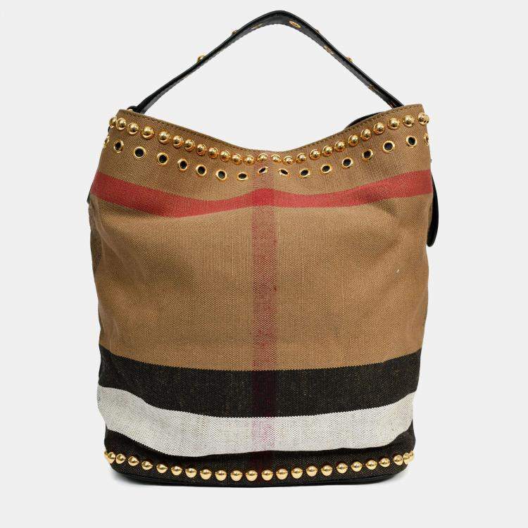 مملوكة مسبقًا Burberry Brown/Black Linen/Leather Novacheck Studded Hobo Bag