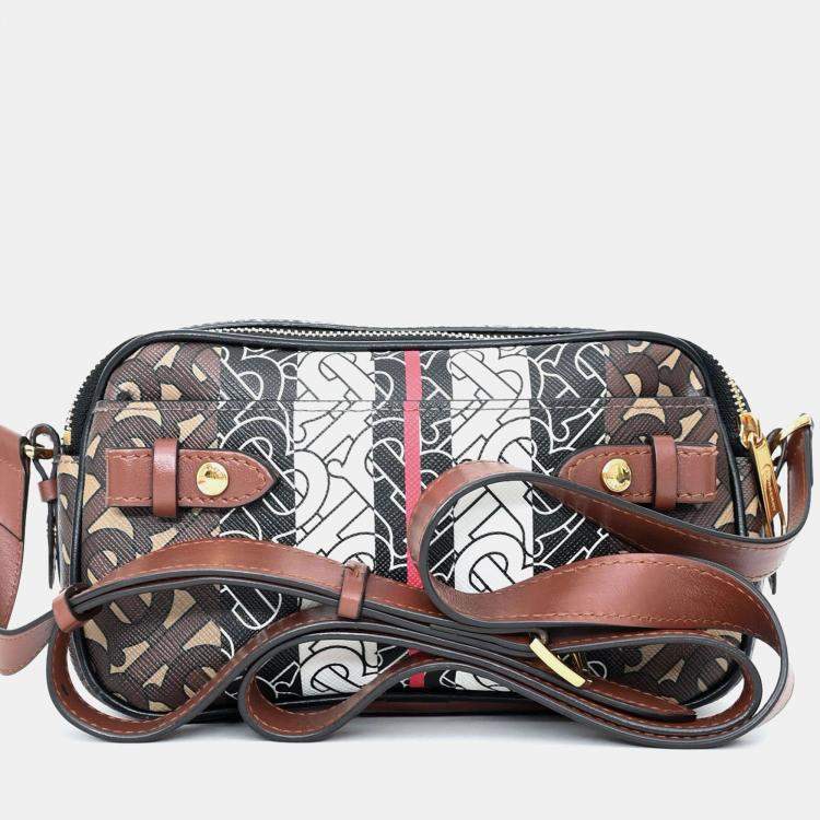 Pre Owned Burberry Brown Leather TB Monogram Camera Crossbody Bag