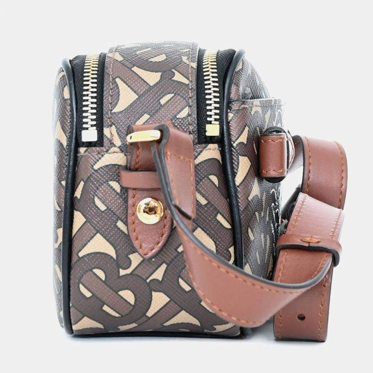 Pre Owned Burberry Brown Leather TB Monogram Camera Crossbody Bag