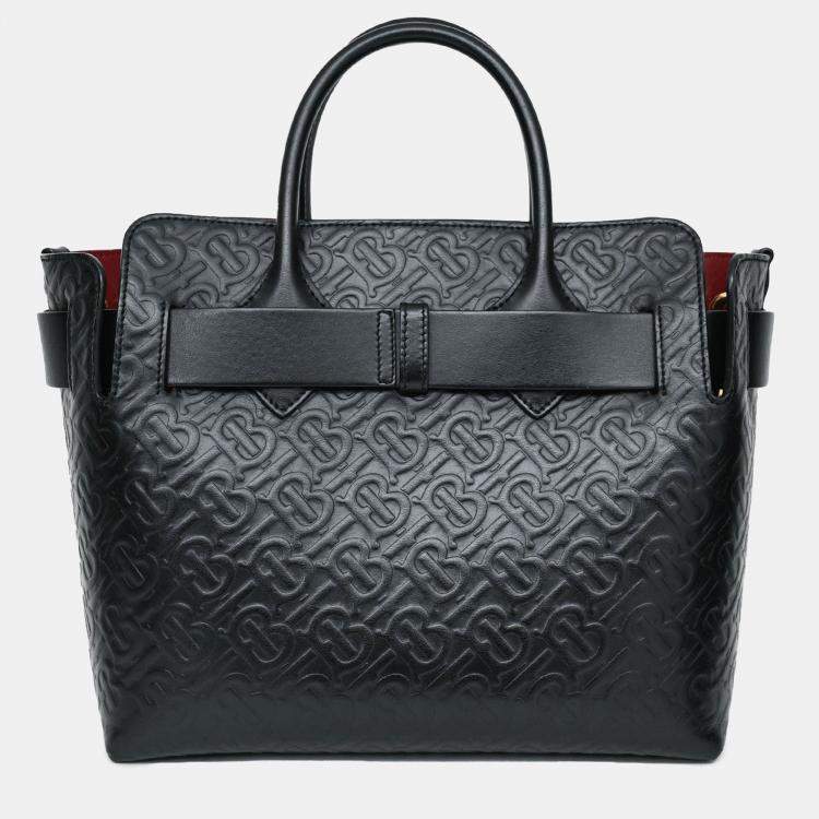 Pre Owned Burberry Black Leather TB Monogram Embossed Tote with Strap