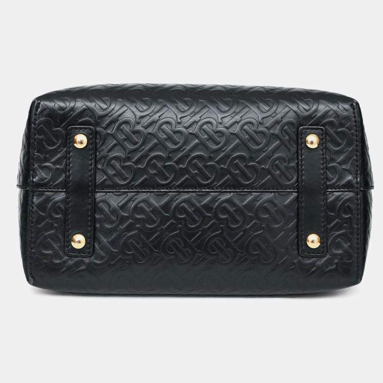 Pre Owned Burberry Black Leather TB Monogram Embossed Tote with Strap