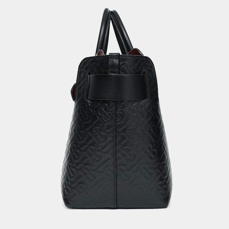 Pre Owned Burberry Black Leather TB Monogram Embossed Tote with Strap