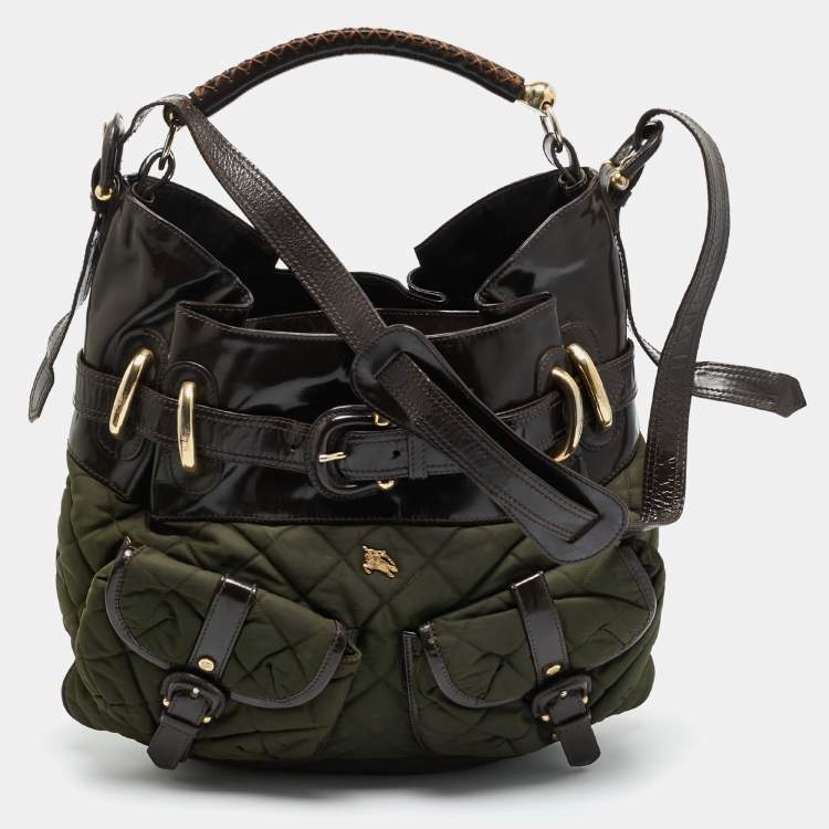 Pre Owned Burberry Bromley Brown/Khaki Quilted Nylon and Patent Leather Hobo