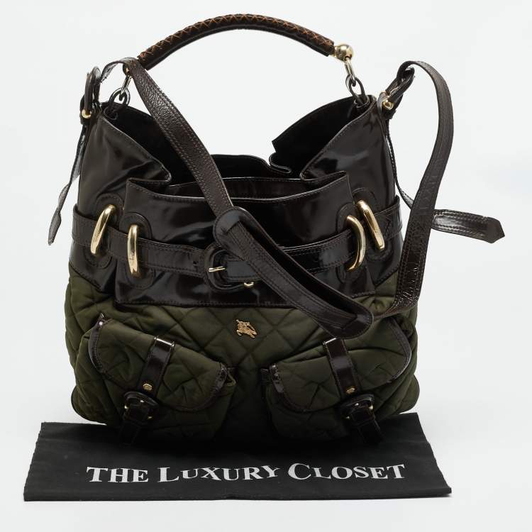 Pre Owned Burberry Bromley Brown/Khaki Quilted Nylon and Patent Leather Hobo
