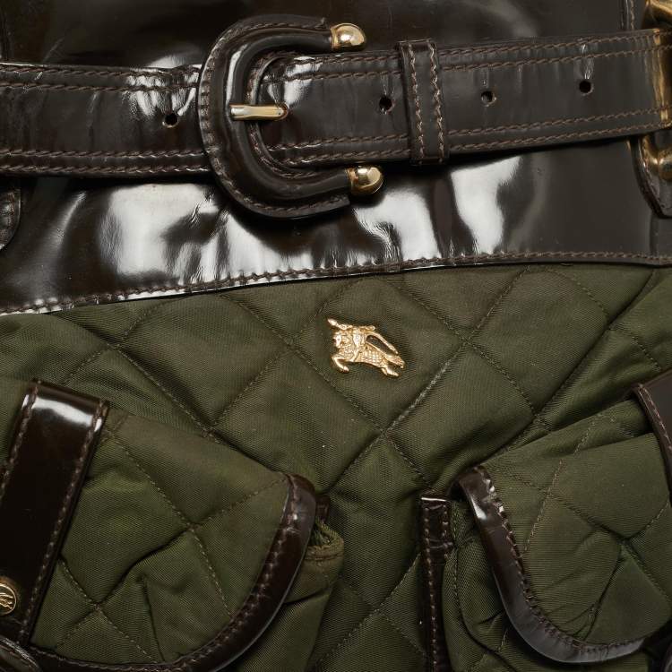 Pre Owned Burberry Bromley Brown/Khaki Quilted Nylon and Patent Leather Hobo