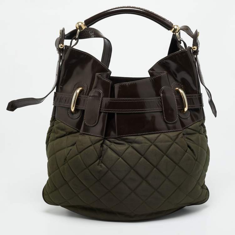 Pre Owned Burberry Bromley Brown/Khaki Quilted Nylon and Patent Leather Hobo