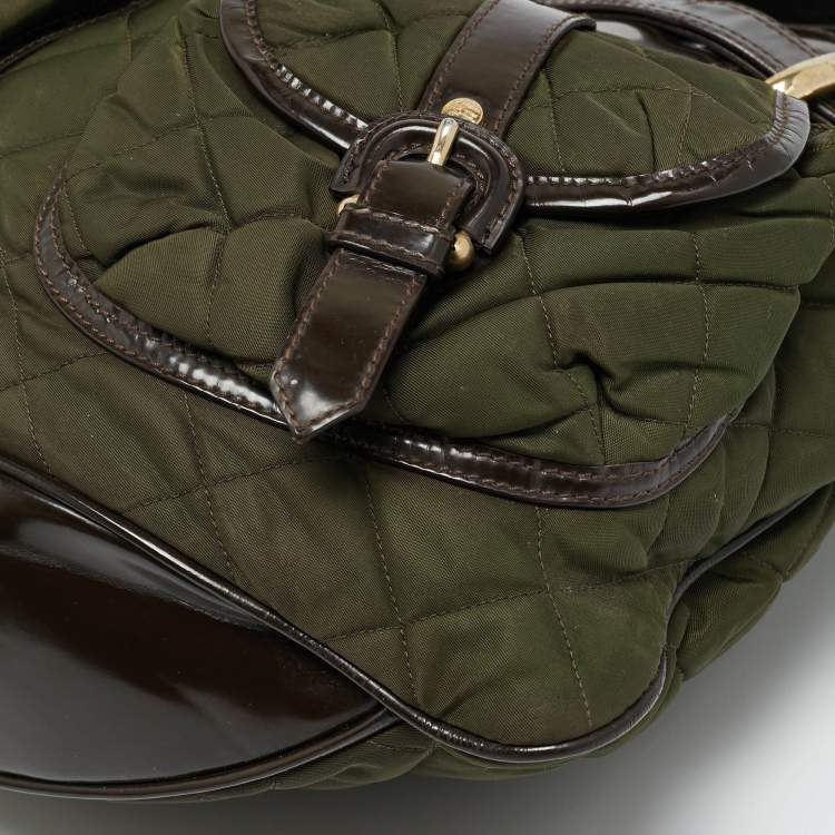 Pre Owned Burberry Bromley Brown/Khaki Quilted Nylon and Patent Leather Hobo