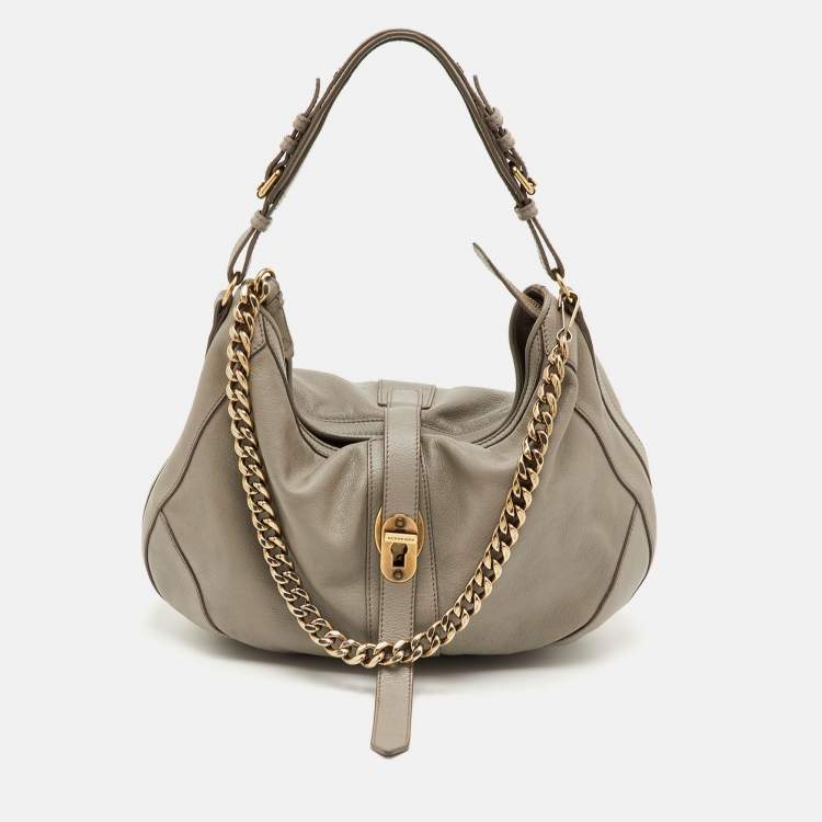 Pre Owned Burberry Bartow Grey Leather Chain Hobo