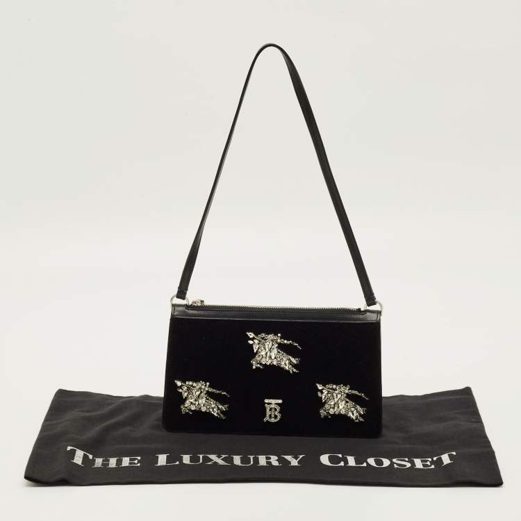 Pre Owned Burberry TB Crystal Black Leather and Velvet Shoulder Bag