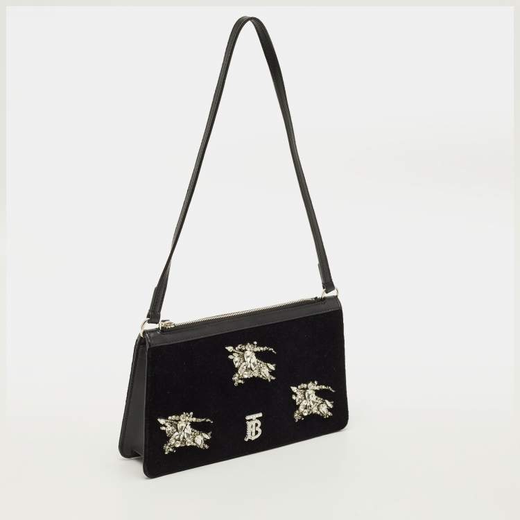 Pre Owned Burberry TB Crystal Black Leather and Velvet Shoulder Bag