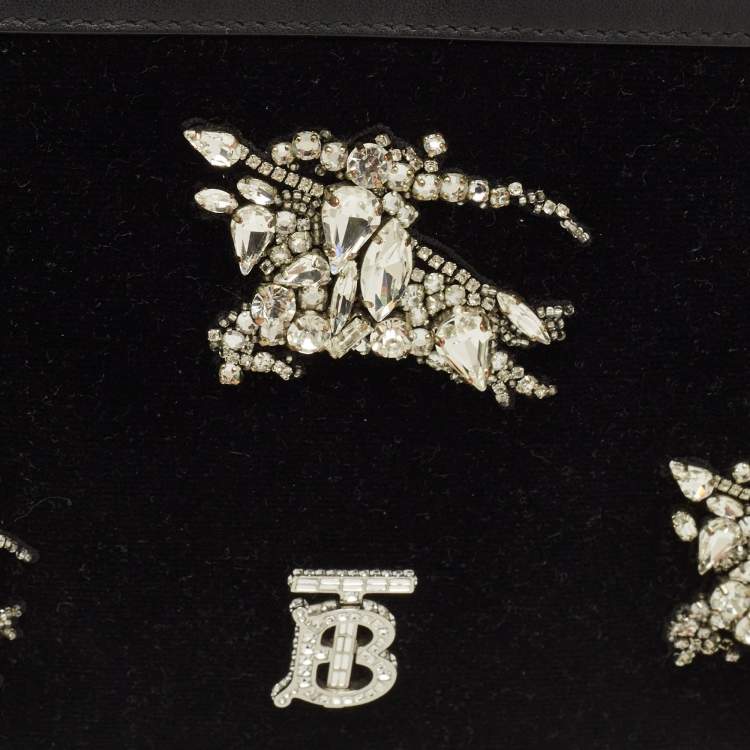 Pre Owned Burberry TB Crystal Black Leather and Velvet Shoulder Bag