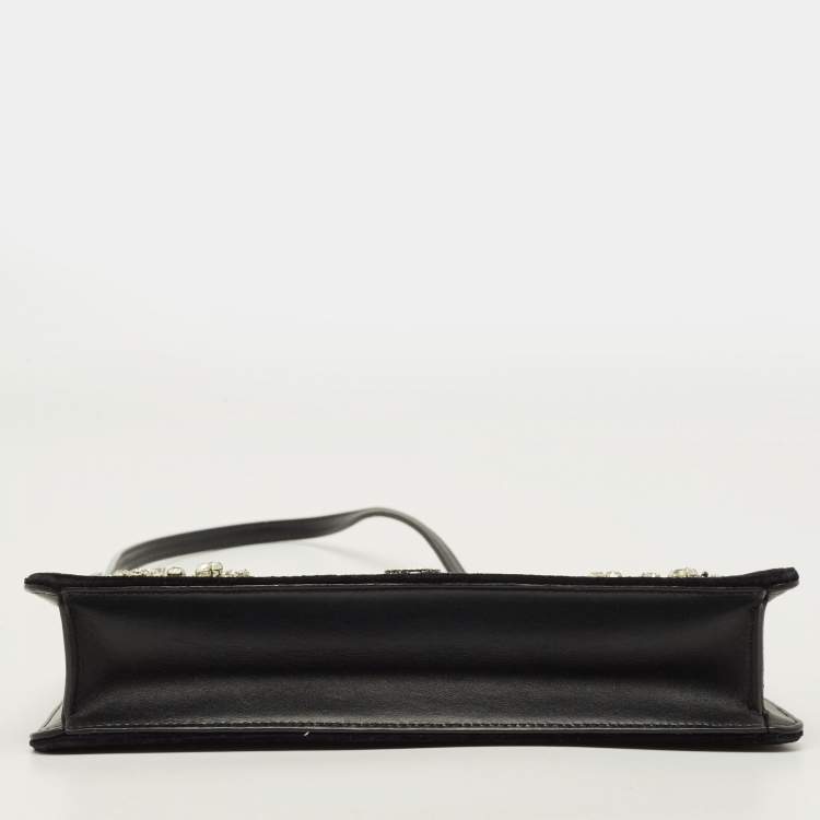 Pre Owned Burberry TB Crystal Black Leather and Velvet Shoulder Bag