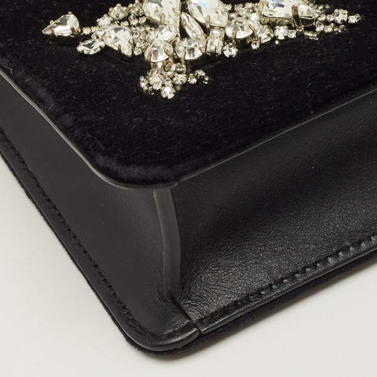 Pre Owned Burberry TB Crystal Black Leather and Velvet Shoulder Bag