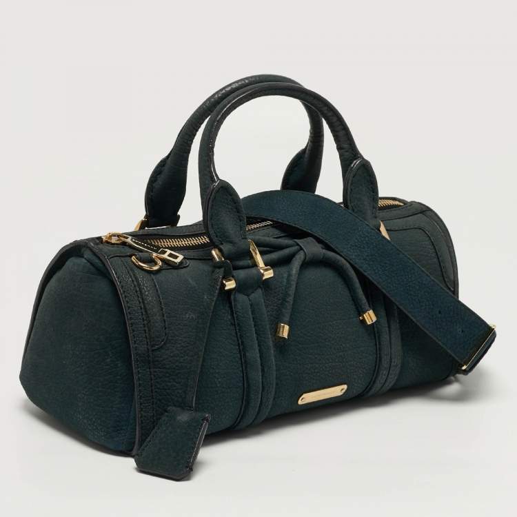Pre Owned Burberry Barrel Bow Medium Indigo Green Nubuck Leather Bowler Bag