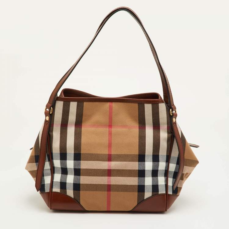 Pre Owned Burberry Canterbury Small Beige/Brown House Check Canvas and Leather Tote