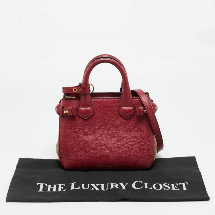 Pre Owned Burberry Banner Mini Red/Beige Leather and House Check Fabric Tote