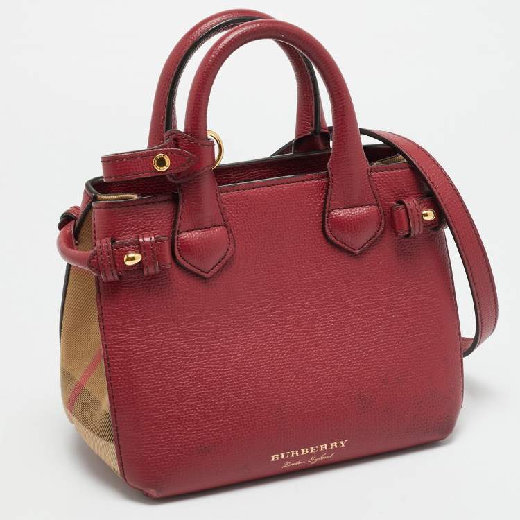 Pre Owned Burberry Banner Mini Red/Beige Leather and House Check Fabric Tote