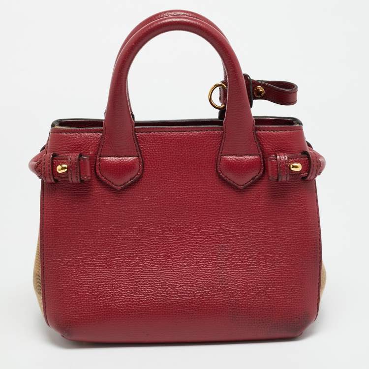 Pre Owned Burberry Banner Mini Red/Beige Leather and House Check Fabric Tote
