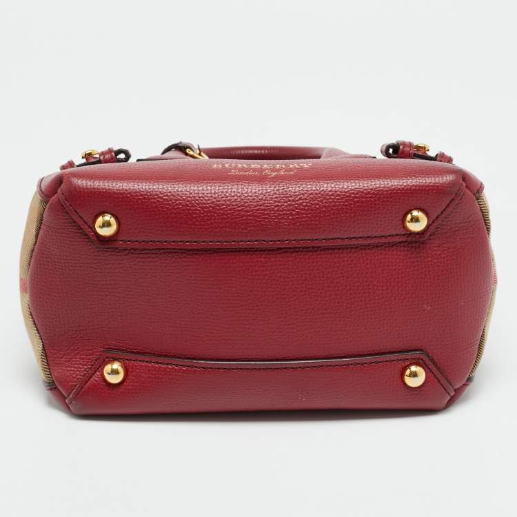Pre Owned Burberry Banner Mini Red/Beige Leather and House Check Fabric Tote