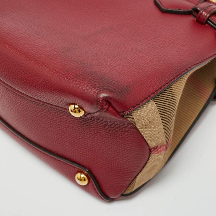 Pre Owned Burberry Banner Mini Red/Beige Leather and House Check Fabric Tote