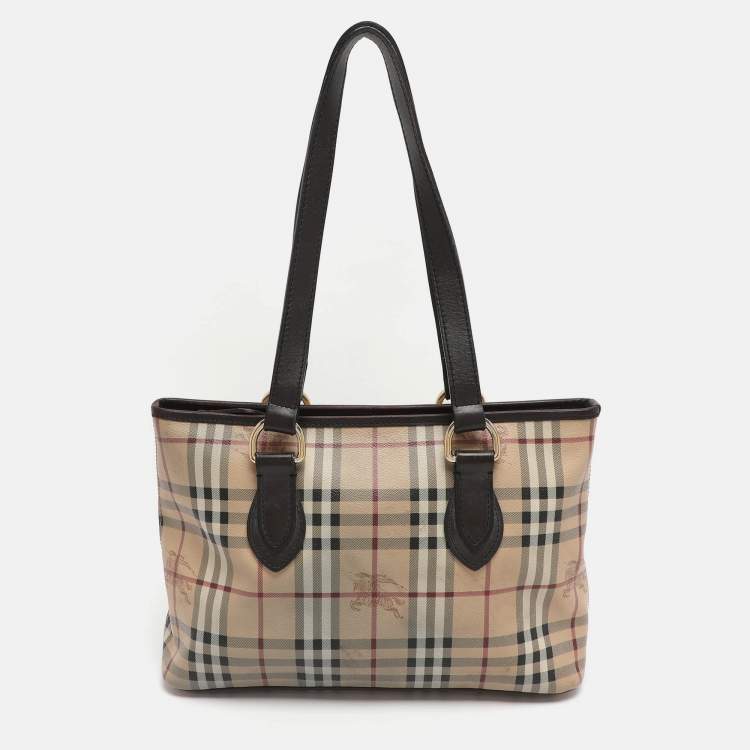 Pre Owned Burberry Regent Medium Beige/Brown Haymarket Check Coated Canvas Tote