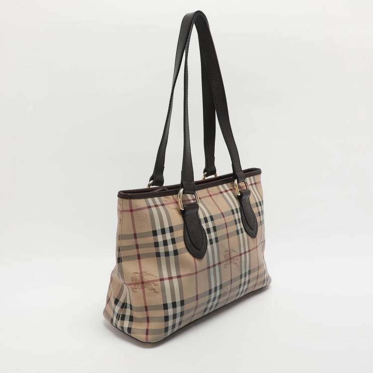 Pre Owned Burberry Regent Medium Beige/Brown Haymarket Check Coated Canvas Tote