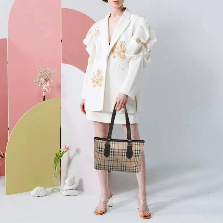 Pre Owned Burberry Regent Medium Beige/Brown Haymarket Check Coated Canvas Tote