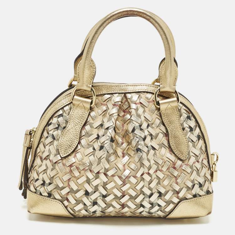 مملوكة مسبقًا Burberry Thornley Small Gold Woven Haymarket Check PVC and Leather Satchel