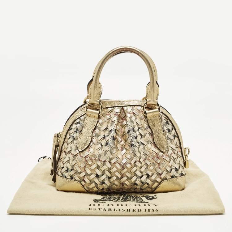 مملوكة مسبقًا Burberry Thornley Small Gold Woven Haymarket Check PVC and Leather Satchel