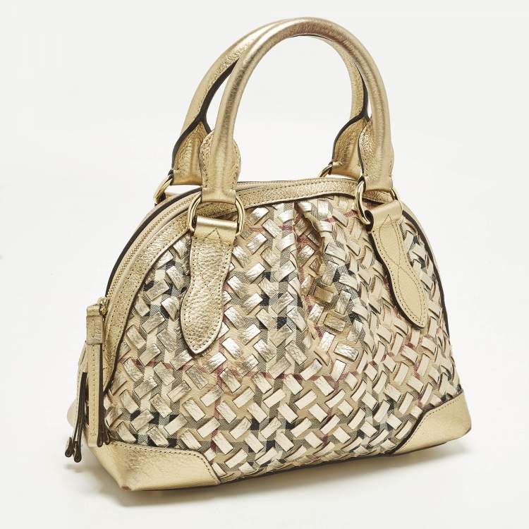مملوكة مسبقًا Burberry Thornley Small Gold Woven Haymarket Check PVC and Leather Satchel