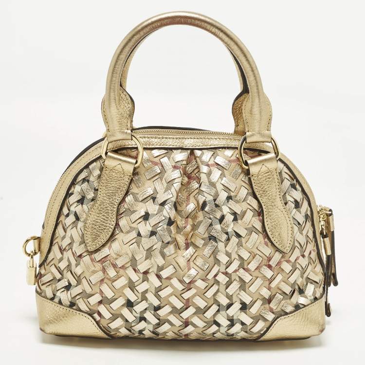 مملوكة مسبقًا Burberry Thornley Small Gold Woven Haymarket Check PVC and Leather Satchel
