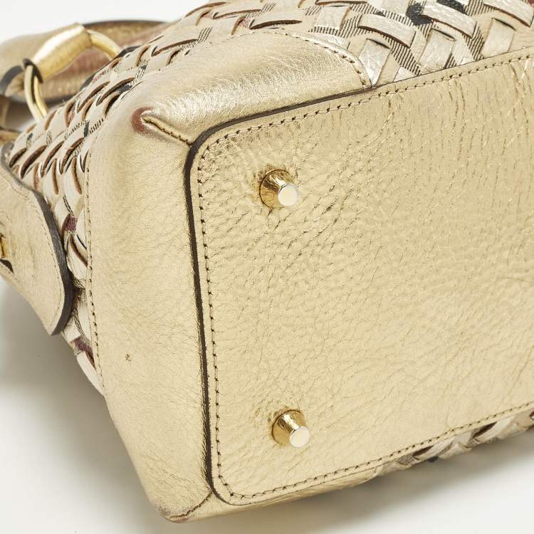 مملوكة مسبقًا Burberry Thornley Small Gold Woven Haymarket Check PVC and Leather Satchel