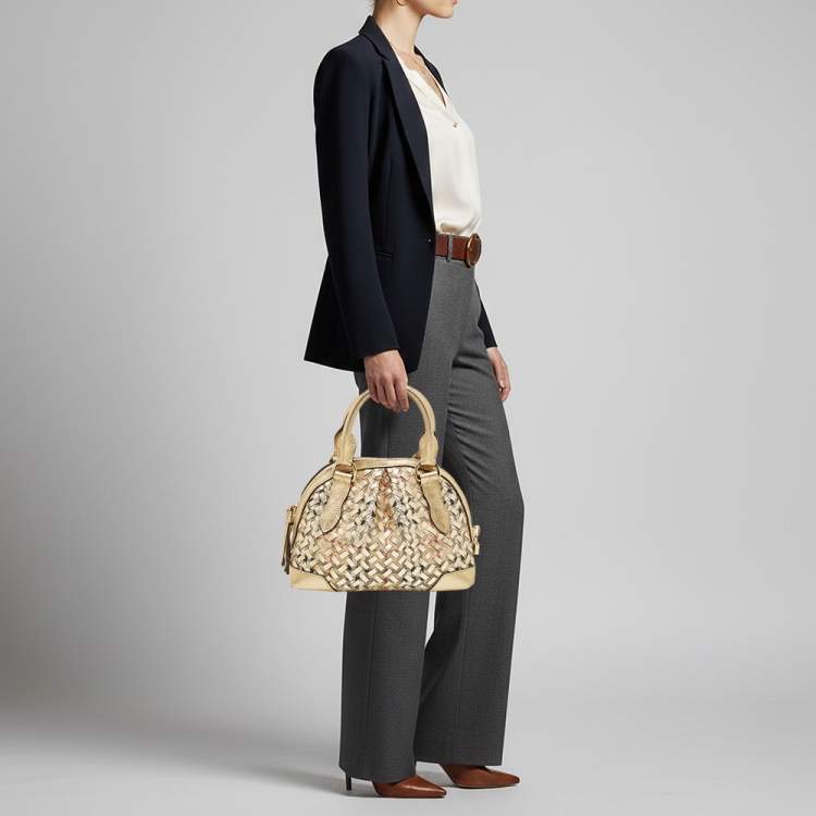 مملوكة مسبقًا Burberry Thornley Small Gold Woven Haymarket Check PVC and Leather Satchel