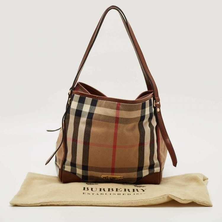 Pre Owned Burberry Canterbury Small Beige/Brown House Check Fabric and Leather Tote
