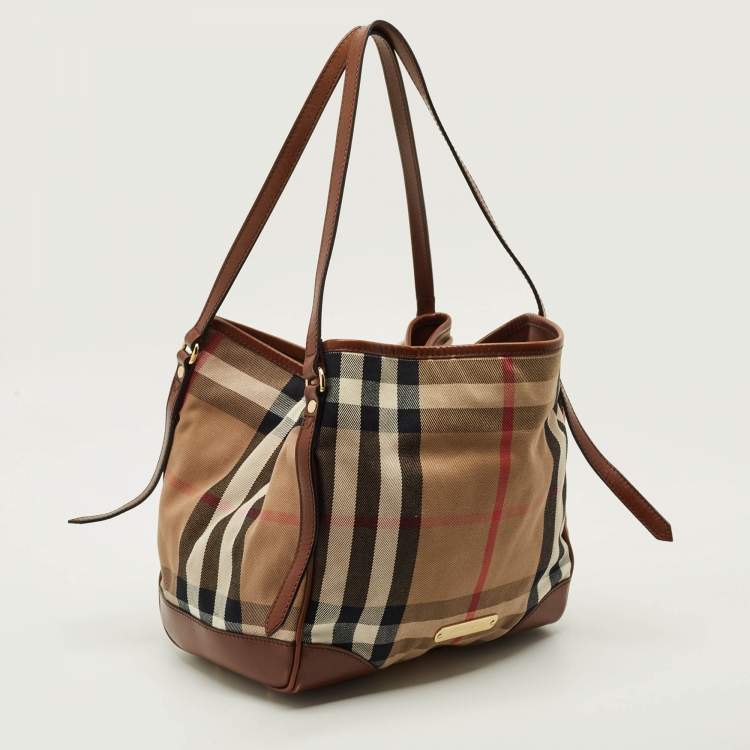 Pre Owned Burberry Canterbury Small Beige/Brown House Check Fabric and Leather Tote