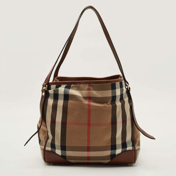 Pre Owned Burberry Canterbury Small Beige/Brown House Check Fabric and Leather Tote
