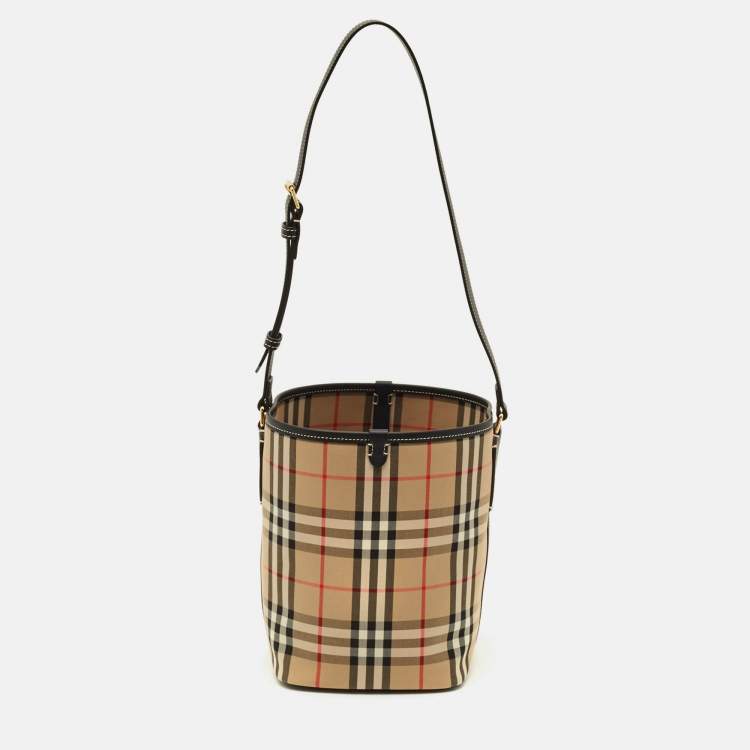 Pre Owned Burberry Ashby Archive Beige Check Fabric and Leather Bucket Bag