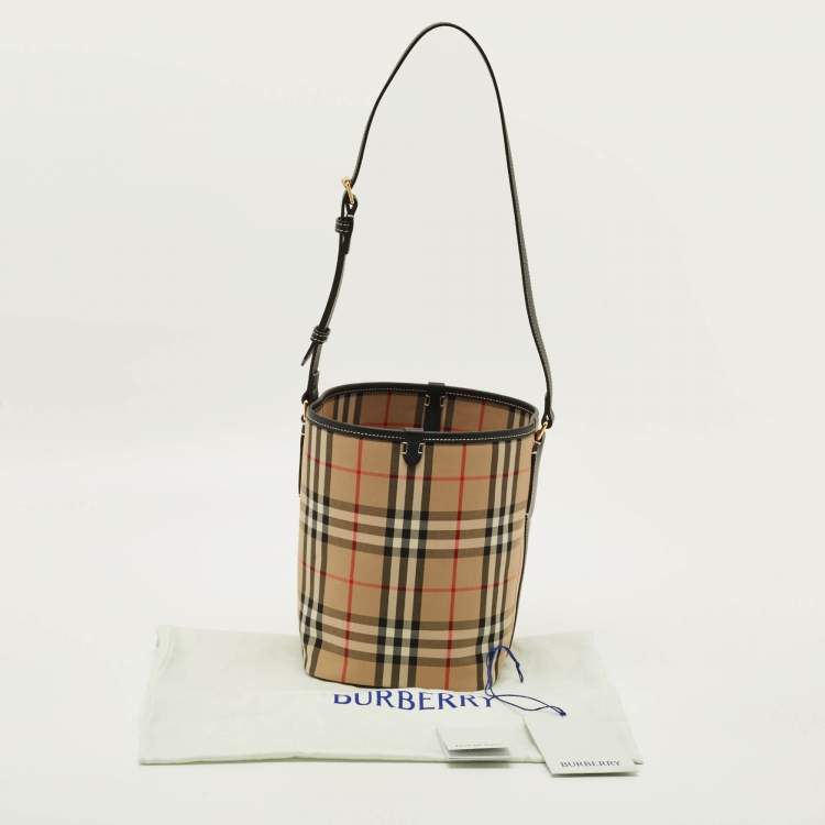 Pre Owned Burberry Ashby Archive Beige Check Fabric and Leather Bucket Bag