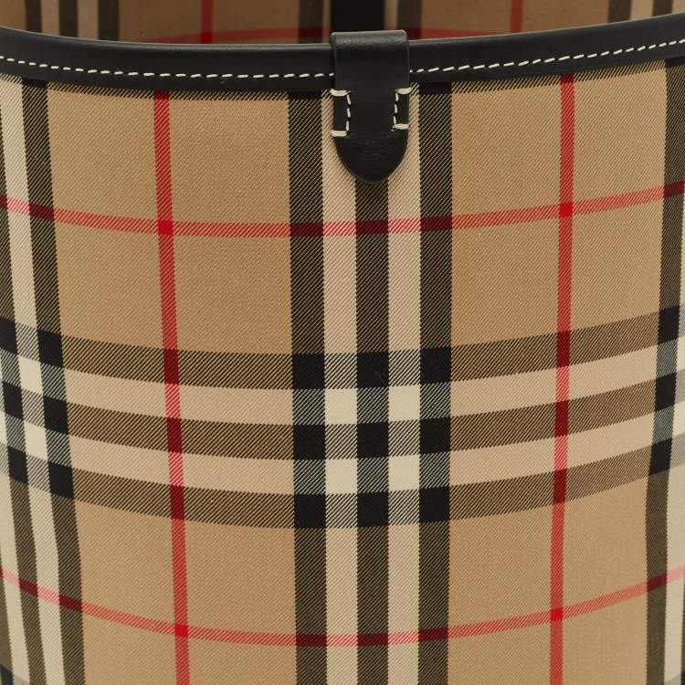 Pre Owned Burberry Ashby Archive Beige Check Fabric and Leather Bucket Bag