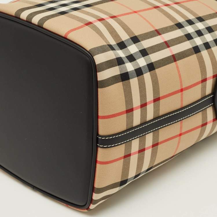 Pre Owned Burberry Ashby Archive Beige Check Fabric and Leather Bucket Bag