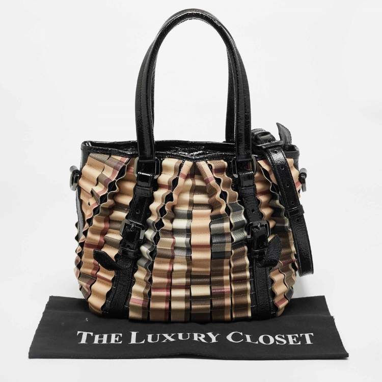 Pre Owned Burberry Cartridge Pleat Black/Beige Nova Check PVC and Patent Leather Tote