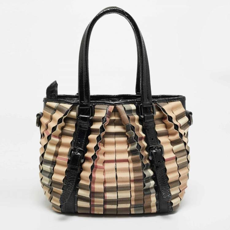 Pre Owned Burberry Cartridge Pleat Black/Beige Nova Check PVC and Patent Leather Tote