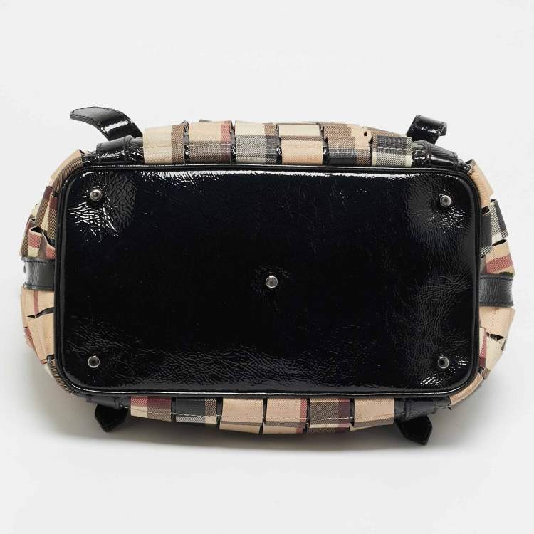 Pre Owned Burberry Cartridge Pleat Black/Beige Nova Check PVC and Patent Leather Tote