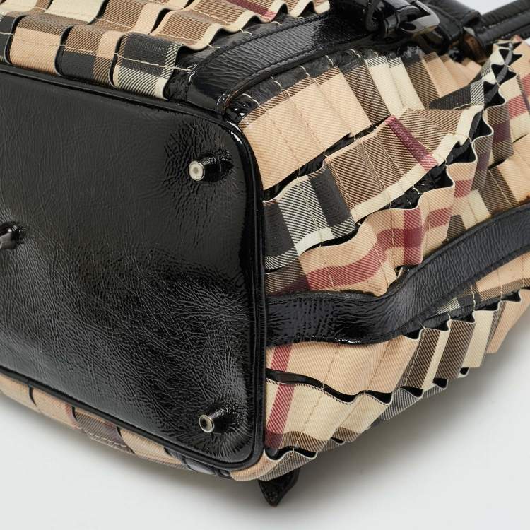 Pre Owned Burberry Cartridge Pleat Black/Beige Nova Check PVC and Patent Leather Tote
