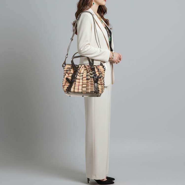 Pre Owned Burberry Cartridge Pleat Black/Beige Nova Check PVC and Patent Leather Tote